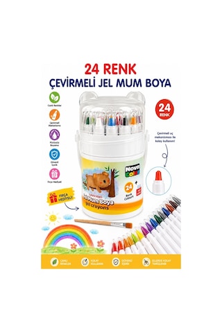Çevirmeli Jel Mum Boya 24 Renk 1 Adet Plastik Kutulu 24 Lü Mum Boya Kalemi Silinebilir Zararsız Yıkanabilir Fırça Hediye Çok Renkli