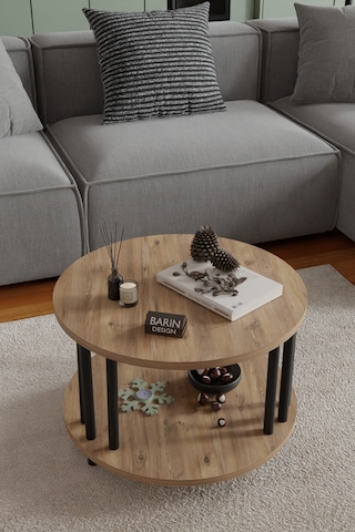 Modern Yuvarlak Orta Sehpa Çift Katlı Siyah Metal Ayaklı Salon, Ofis, Dekoratif Masa Atlantik Çam