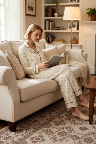 Benerly Kadın Gömlek Yaka Standart Kol Regular Kalıp Pijama Takımı Fonksi sarı