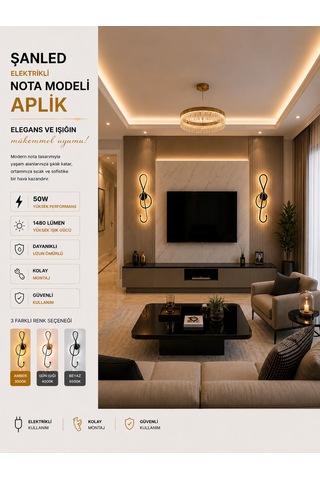 Dekoratif 50w Nota Modeli İç Mekan Siyah Kasa 3 Renkli Işık Elektrikli Duvar Aplik 8 Adet