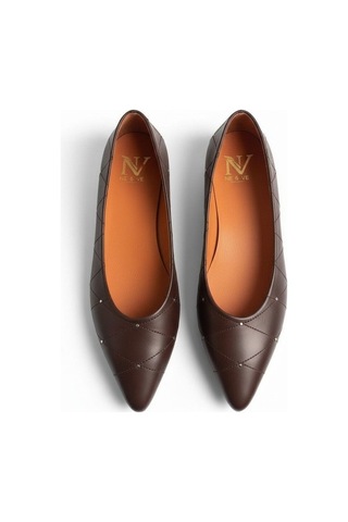 Ne&ve Shoes Kahve Deri Çapraz Dikiş Detaylı Pimli Kadın Sivri Burun Babet Kahverengi