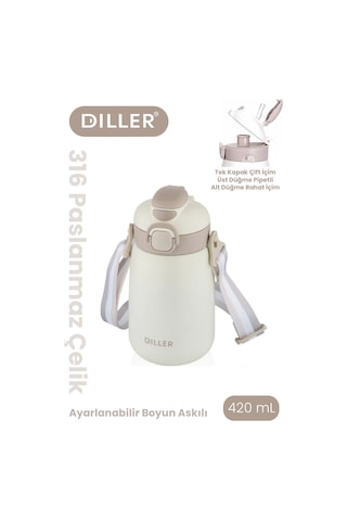 Dıller 420 Ml Pipetli/pipetsiz Tek Kapak Çift Kullanım Askılı Çelik Termos Su Matarası 6 Saat Sıcak/soğuk Beyaz