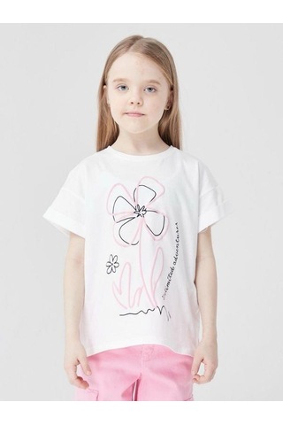 Escabel Kız Çocuk Pamuklu Çiçek Baskılı T-shirt-14028 Ekru