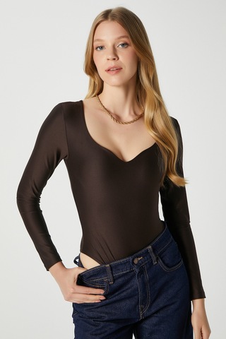 Ritnice Kadın Rich Kalp Yaka Polyamid Kahverengi Çıtçıtlı Body / Bluz Kahverengi
