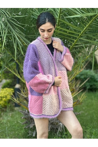 Gönülden Tasarım El Örgüsü Peluş Yumuşak Kadın Oversize Hırka Renkli