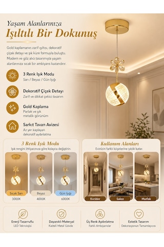 Tekli Perla Gold 3 Renk Modlu Kristal Taşlı Ledli Sarkıt Avize Altın