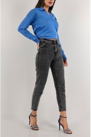 Trendy Kadın Füme Yüksek Bel Yumuşak Dokunuşlu Rahat Kesim Mom Jean Kot Pantolon