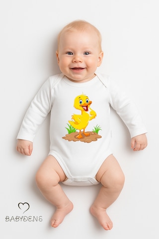 Babyden's Sevimli Hayvan Figürlü %100 Pamuk Uzun Kollu Çıtçıtlı Bebek Body Ördek Beyaz