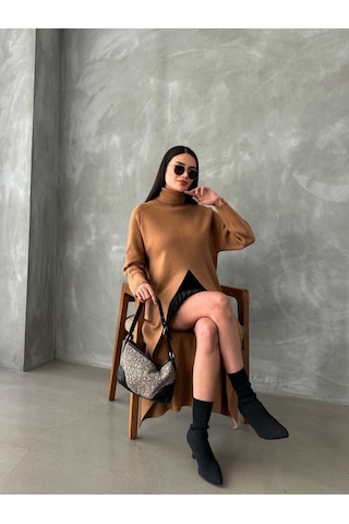 Anbly Collection Uzun Kollu Tam Balıkçı Yaka Önden Yırtmaçlı Triko Panço Elbise