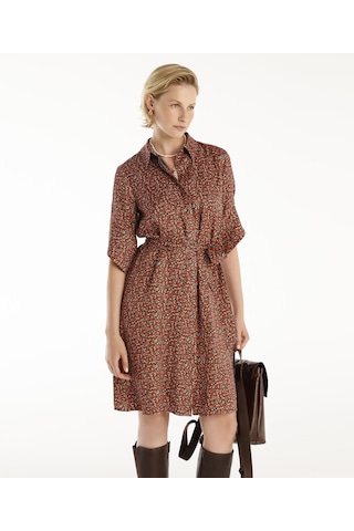 Yargıcı Kuşaklı Uzun Kollu Gömlek Elbise Kırmızı Desenli