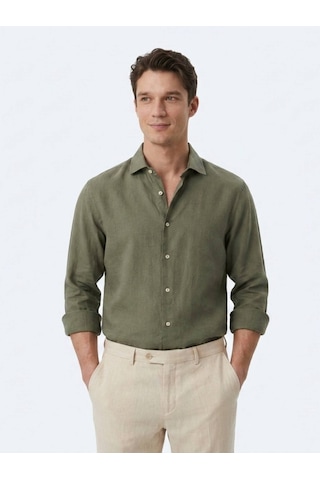 Kip Haki Regular Fit Uzun Dokuma Casual Pamuk Karışımlı Gömlek