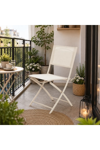 Katlanabilir Bahçe Ve Balkon Sandalyesi Krem Renk Çelik Gövdeli Metal Katlanır Dış Mekan Sandalyesi 84,5x50x46,5 Cm