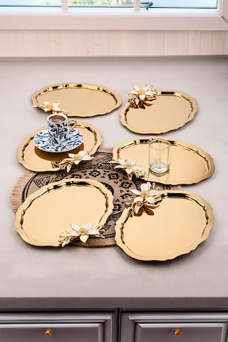 6 Adet Oval Papatlı Kahve-çay Servis Ve Sunum Tepsisi 25x20 Cm