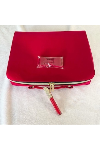 Estee Lauder Kırmızı Kadife Kozmetik Makyaj Çantası Büyük Boy Vintage Kırmızı