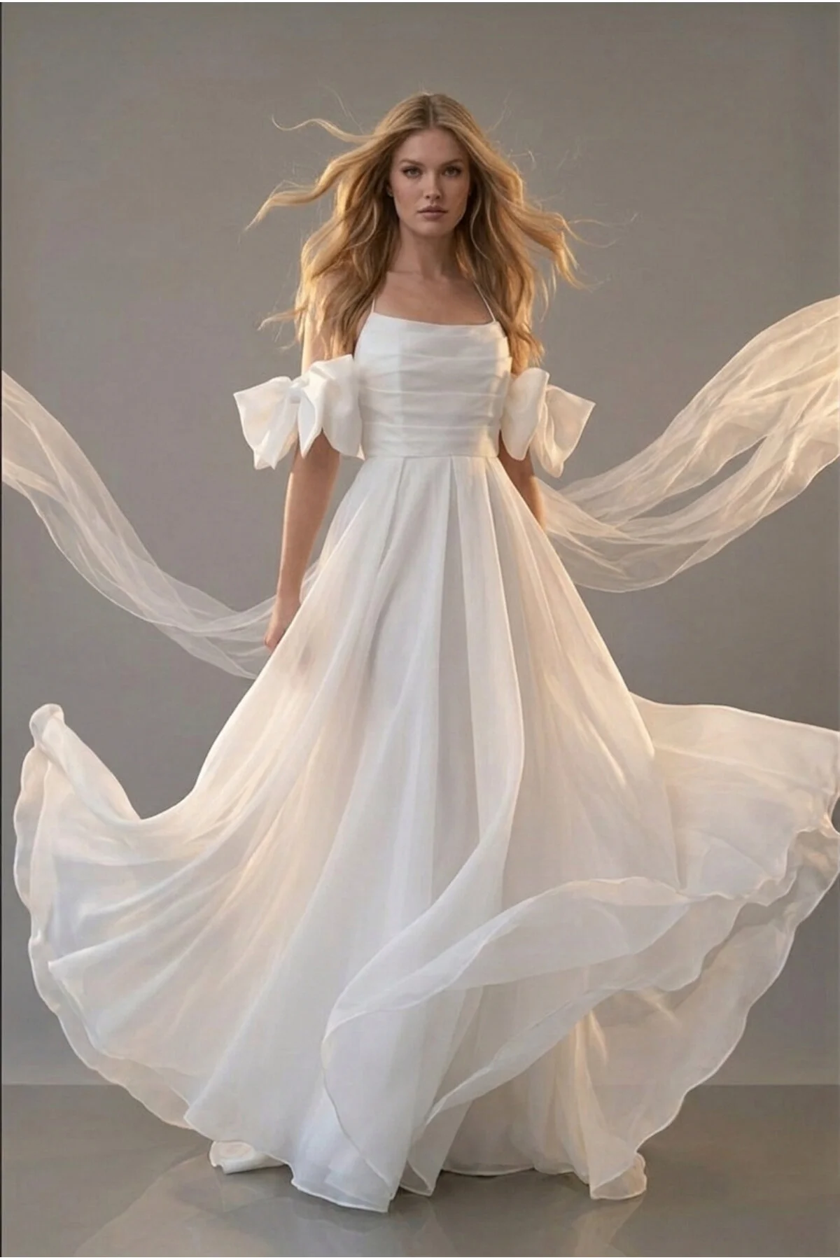 Şakoo İnci Beyazı Fiyonk Kollu Gelinlik & Nikah Elbisesi Beyaz