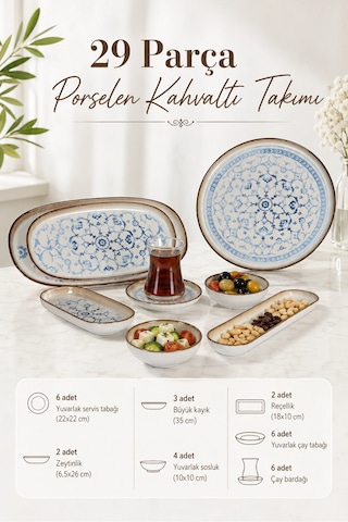 29 Parça Porselen Kahvaltı Takımı - Dijital Desenli Egzon 6 Kişilik Kahvaltı Servis Sunum Seti Çok Renkli