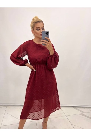 Kadın Uzun Kollu Astar Detay Fırsat Ürün Ponpon Şifon Elbise Bordo