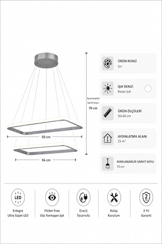 AvizeGO Diva 2'li Led Sarkıt Avize Beyaz Işık Gri