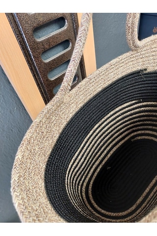 Doğal Hasır Jüt El Örmesi Bayan Çanta-bej Siyah Çizgili V2 Bej