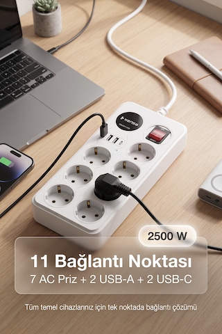 Akım Korumalı Priz 7'li + 2x Usb-a + 2x Usb-c 2 Metre Kablo 0 - 2 M