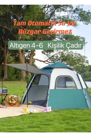 Tam Otomatik Su Ve Rüzgar Geçirmez Gölgelikli Altıgen Çadır Aile Çadırı 280 240 155 Cm Yeşil