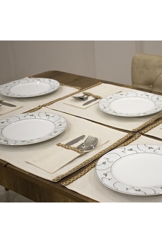 Dnc Home Tekstil Ndchome Keten 6lı Amerikan Servis Seti Kaşıklık Hediyeli 35 X 55 Krem