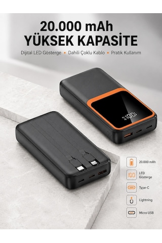Dijital Ekranlı 20.000 Mah Powerbank 22.5w Hızlı Şarj + Çoklu Bağlantı Seçeneği Yeni Nesil Siyah