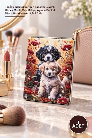 1 Adet İnce El Aynası Taş İşlemeli Dikdörtgen Tasarım Sevimli Köpek Motifli Cep Makyaj Aynası Pocket Mirror Hand Mirror 8,5 6 Cm Sarı