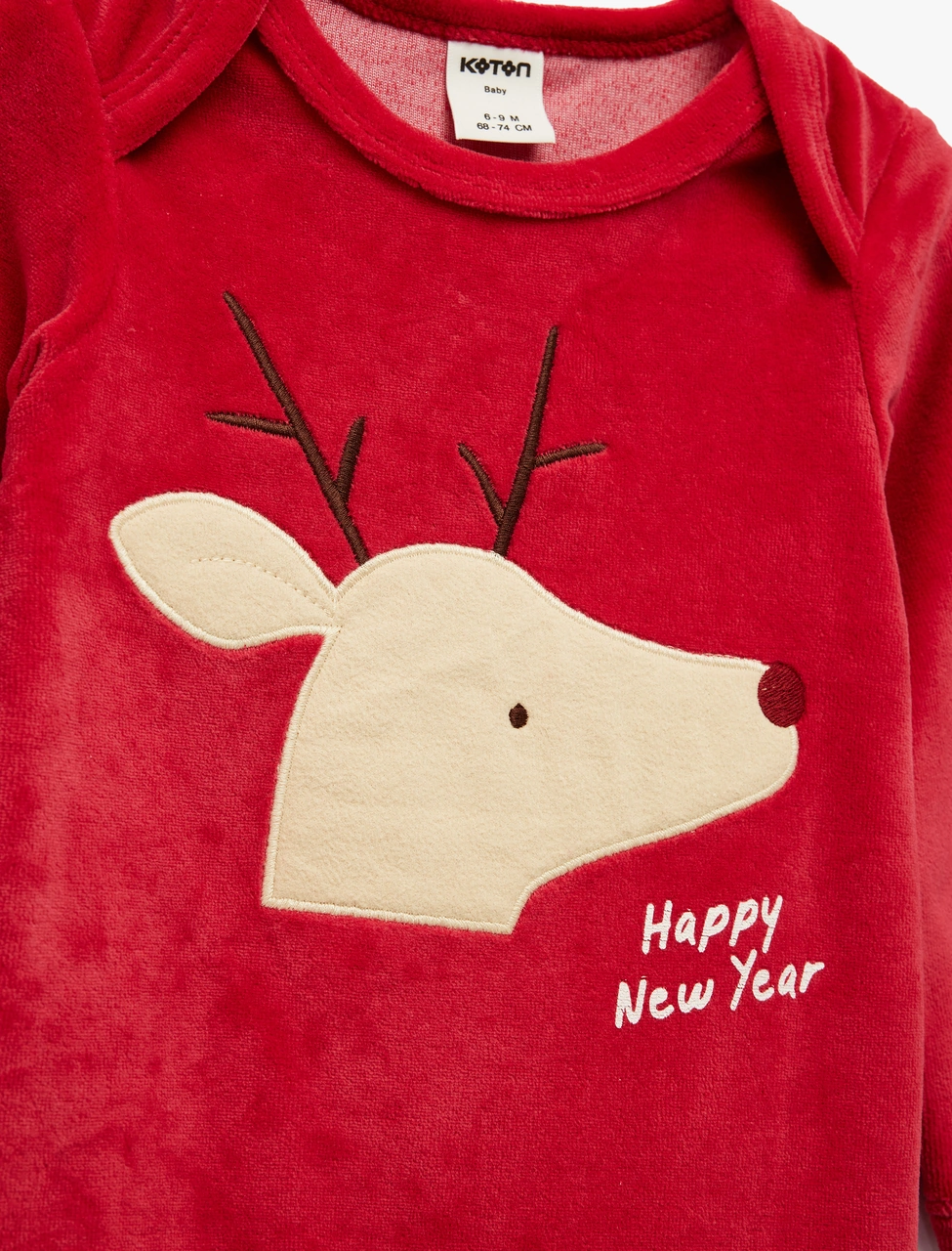 Koton Geyik Nakışlı Uzun Kollu Bisiklet Yaka Pamuklu Kadife Tulum Kırmızı 6wmb10037tk Kırmızı