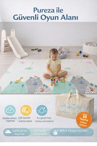 Pureza Çift Taraflı Katlanabilir Oyun Matı 200CMX130CMX1CM Kaymaz, Darbe Emici, Su Geçirmez, Bulutlar Dağlar/Pembe Ayı Masalı, Taşıma Çantası Hediyeli (Yerli Üretim)
