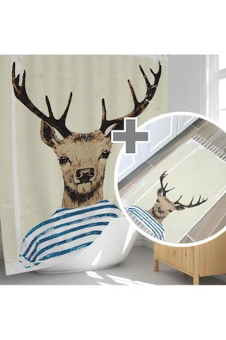 Banyo Paspas Ve Tek Kanat Duş Perdesi 1x180x200 Set Banyo Halısı Deer Karışık