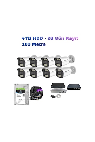 8'li 5mp Poe Ip Kamera Seti Hikvision Nvr Ses Kayıtlı 4tb Hdd Metal Kasa 3.6mm İç/dış Ortam Gece Görüş Mobil İzleme