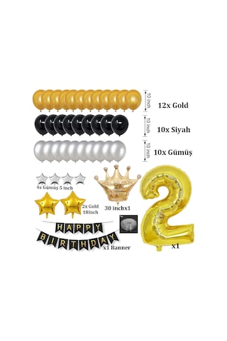 Büyük Boy Kral Taçlı Gold-Gümüş-Siyah 2 Yaş Doğum Günü Seti
