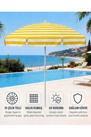 Plaj Şemsiyesi Balkon Bahçe Güneş Şemsiyesi 200cm 10 Telli Uv Korumalı Sarı