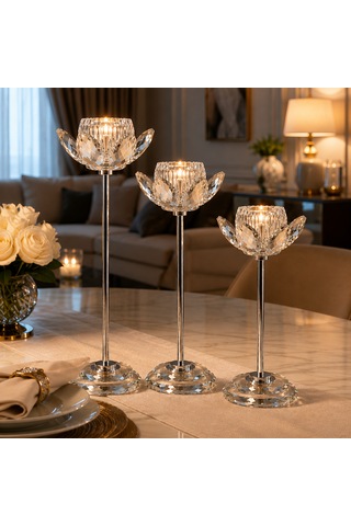 Kristal Lotus Şamdan 3'lü Gümüş Dekoratif Cam Mumluk