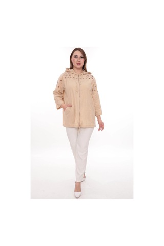 Lady Majestic Büyük Beden %100 Cotton Kapüşonlu Hırka Rahat Ve Şık Tasarım - 44462 Bej