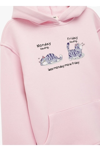 Koton Kedi Baskılı Şardonlu Cep Detaylı Uzun Kollu Kapşonlu Sweatshirt Pembe 7wkg10049ak Gül