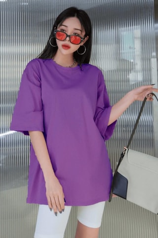 Mor Basic Düz Baskısız Oversize Salas Boyfriend Kadın T-Shirt Mor