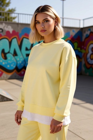 Benerly Kadın Bisiklet Yaka Düşük Kol Oversize İnce Örme Sweatshirt Fonks Sarı