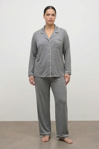 Kontrast Biyeli Penye Pijama Takımı Gri