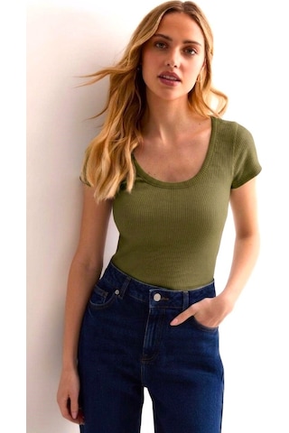Rooted Kadın Kare Yaka T-shirt & Bluz , Likralı Fitilli Kaşkorse Kumaş Zeytin