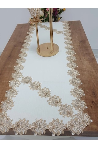 Jadelin Gold Güpürlü Keten Kumaş Runner Krem 48x145 Cm 1141 Krem