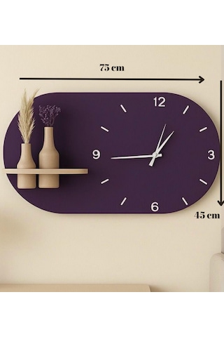 Modern Tasarım Raflı Nera Duvar Saati 75x45 Mor