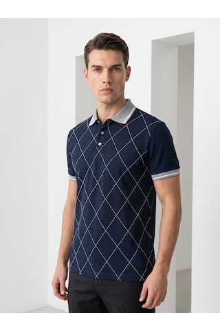 Giyim Dünyası Erkek Baklava Desenli Polo Yaka Tshirt Lacivert