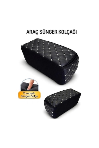 Lüks Oto Kolçak Kol Dayama Koltuk Arası Organizer Cepli Vidasız Montaj Siyah Deri Ve Gümüş Dikiş