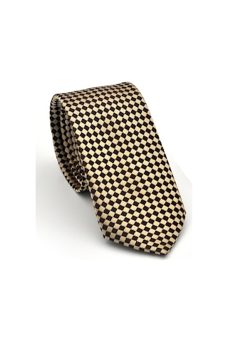 Kahverengi Piti Kare Desenli Bej Dokuma Kumaş Mendilli Slim Fit Kravat // Sdk-2503-5 Bej