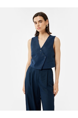 Koton Modal Kumaş Asimetrik Kesim Düğmeli Kruvaze Crop Yelek Lacivert 5sak20099pw Lacivert