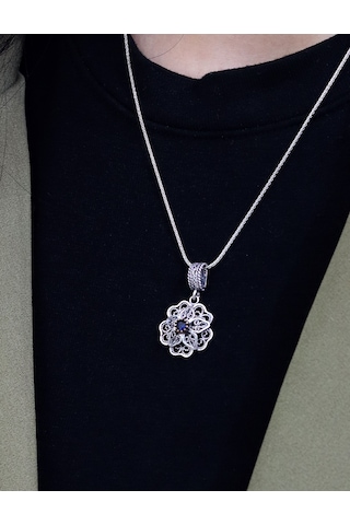 Safir Taşlı Gül Model Oksitli 925 Ayar Gümüş Telkari Kadın Kolye 201025653