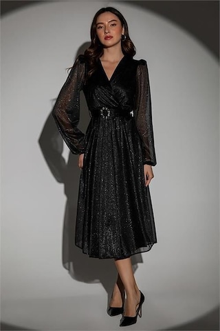 Dipmoda Kadın Kemerli Kruvaze Yaka Simli Gece Elbisesi Dpnbmy3590 Siyah