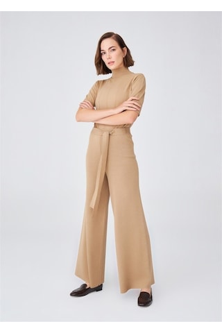 Peraluna Boru Paça Yüksek Bel Kadın Triko Pantolon Camel Melanj